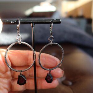 Watermelon tourmaline & blackened sterling silver front facing hoops earrings